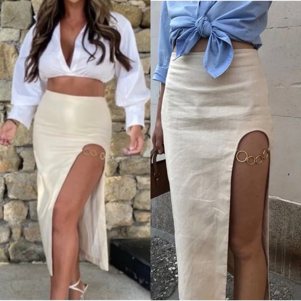 Zara Linen Blend High Slit Midi Skirt Beige Gold Chain Detail Size‎ M NWT